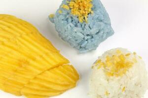 Mango butterfly pea blue white sticky rice coconut milk cream photo