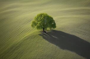 soltero ciruela árbol en el medio de un herboso campo. solo árbol en el medio de un verde campo. generativo ai. foto