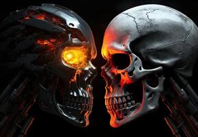 Two skulls terminator look at each other black background. . photo