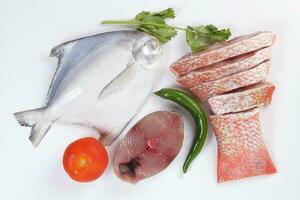 White pomfret Spanish mackerel red snapper fish cleaned descaled degutted sliced fillet pieces on white background photo