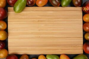 Red orange yellow green tomato mix variety on around wooden chopping board frame copy text space over black slate stone background photo