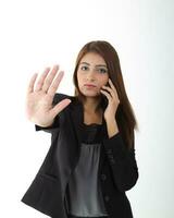 South east Asian young Chinese Indian man woman wearing formal business office ware on white background pose expression photo