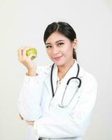 Young Asian male female doctor wearing apron uniform tunic apron hold photo