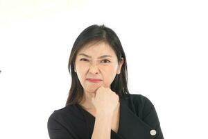 Facial Expression Young Asian woman office attire white background disgust photo