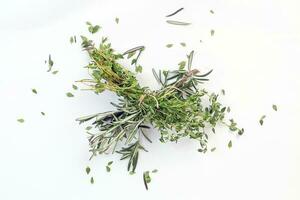 Rosemary Thyme green herb bundle on white background photo