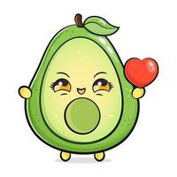 Cute funny Avocado with heart in hand. Vector hand drawn cartoon kawaii character illustration icon. Isolated on white background. Avocado character concept