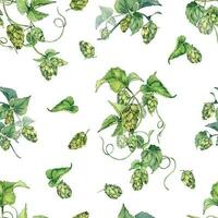 Hop vine, plant humulus watercolor seamless pattern isolated on white background. Hop on brunch with leaves, hop cones hand drawn. Design element for wrapping, label, packaging, paper, textile vector