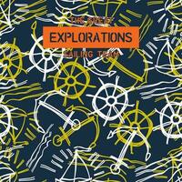 exploration lettering seamless pattern, vector ship's wheel graphic background for print fabric and other use