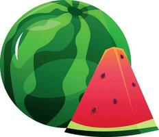 Whole watermelon with slice cartoon vector illustration. Summer fruit. Green striped berry with red pulp and brown bones