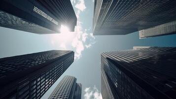 Bottom view of modern skyscrapers in business district. . photo