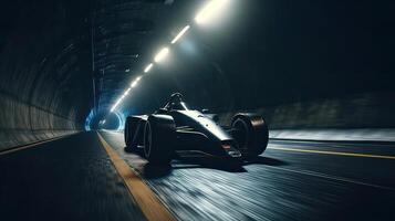 Futuristic Sports Car On Highway. Powerful acceleration of a supercar on a night track with lights and trails. 3d illustration. . photo