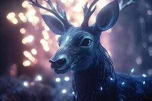A deer with Christmas decoration in the winter forest. . photo