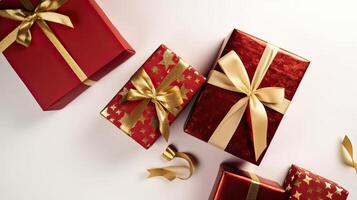 Christmas composition. Gifts, red decorations on white background. Christmas, winter, new year concept. Flat lay, top view, copy space. . photo
