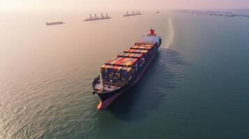 Aerial top view of cargo maritime ship with contrail in the ocean ship carrying container and running for export concept technology freight shipping by ship forwarder mast. . photo