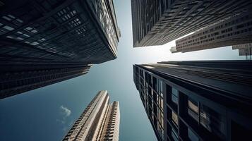 Bottom view of modern skyscrapers in business district. . photo