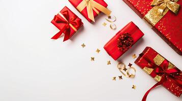 Christmas composition. Gifts, red decorations on white background. Christmas, winter, new year concept. Flat lay, top view, copy space. . photo