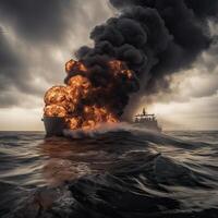 fuego en un carga barco. un Embarcacion que lleva licuado gas es envuelto en llamas explosión y fuego en un gas portador en el alto mares generativo ai. foto