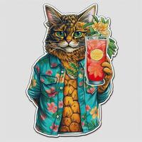 The cute cat wears a Hawaii shirt and holding a cocktail in his hand. illustration. . photo