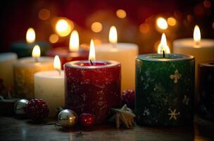 ardiente vela y Navidad decoración terminado nieve y de madera antecedentes. generativo ai. foto