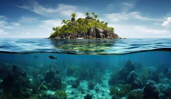 tropical isla y coral arrecife - división ver con línea del agua. hermosa submarino ver de solitario pequeño isla encima y abajo el agua superficie en turquesa aguas de tropical océano. generativo ai. foto