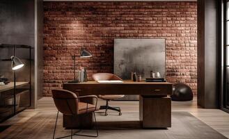 Modern office Interior with old vintage brick Wall. Art work business space. . photo