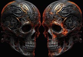 Two skulls terminator look at each other black background. . photo