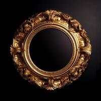 content, Round gold frame on a black background. isolated object. Vintage style. photo