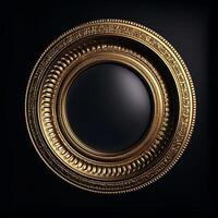 content, Round gold frame on a black background. isolated object. Vintage style. photo