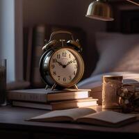 content, evening background, retro alarm clock near the bed at home. Alarm clock in books. Soft light. photo