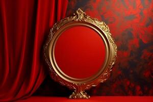 content, Banner, golden vintage frame on red velvet background. copy paste space. photo