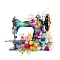 content, sewing machine in a watercolor style with flowers on a white background. logo, print. isolated object photo