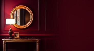 content, Banner, copy paste.. mockup, round gold frame with mirror, empty center inside in red minimalist interior photo