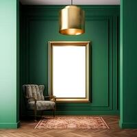 generativo ai contenido, un Bosquejo, un grande dorado marco con un vacío espacio, cuelga en el pared. en verde interior con Clásico Sillón foto