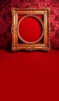 content, Banner, golden vintage frame on red velvet background. copy paste space. photo