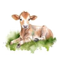 content, Calf, baby cow in green grass on a white background. watercolor illustration photo