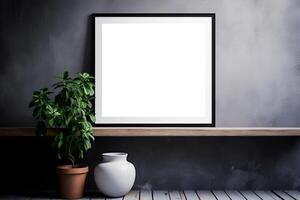 content, White empty frame mockup on white wall background. Minimalistic design, white vase and figurine next to it. photo