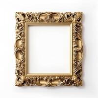 content, vintage gold frame in boroque style on white background, isolated object photo