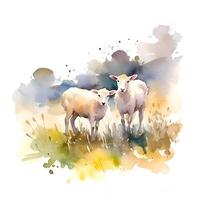 content, Sheep with a lamb on the background of a farm on a summer day, watercolor illustration photo