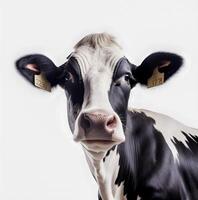 content, Portrait of a black with white spots cow raised for organic meat on a white background, isolated object. photo
