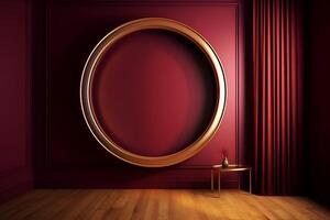 content, mockup, round golden frame with empty center inside in red minimalist interior. copy paste template photo