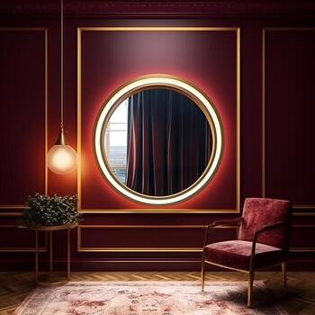 content, mockup, round gold frame with mirror, empty center inside in red minimalist interior. copy paste template photo