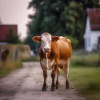 content, red cow, on the background of the farm. standing in the meadow. Farm concept, cow walks freely on the street. photo