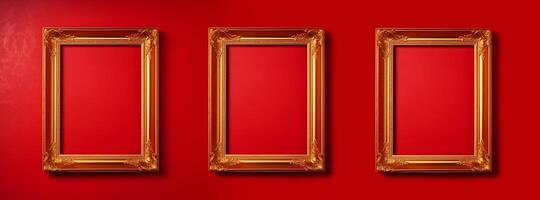 content, Banner, golden vintage frame on red velvet background. copy paste space. photo