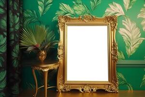 content, There is a mockup hanging on the wall, a large golden frame with empty space. in a green interior photo