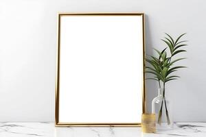 content, White empty frame mockup on white wall background. Minimalistic design, white vase and figurine next to it. photo