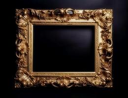 content, Antique gold frame with empty center in boroch style on black background. mockup frame photo