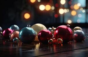 cerca arriba ver de hermosa con brillante oro chuchería o pelota, Navidad adornos y luces, Navidad Días festivos antecedentes. generativo ai. foto