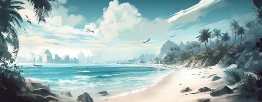 Sky and sun at sea background, ocean and beach island scenery empty cartoon. Ocean or sea water with waves and clouds in sky summer blue seascape with cloudy sky and seaside. photo