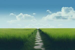 he landscape of grass fields and blue sky road leading off into the distance. . photo