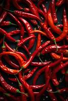 Red hot chilli peppers pattern texture background. Close up. A backdrop of Red hot chilli peppers. . photo
